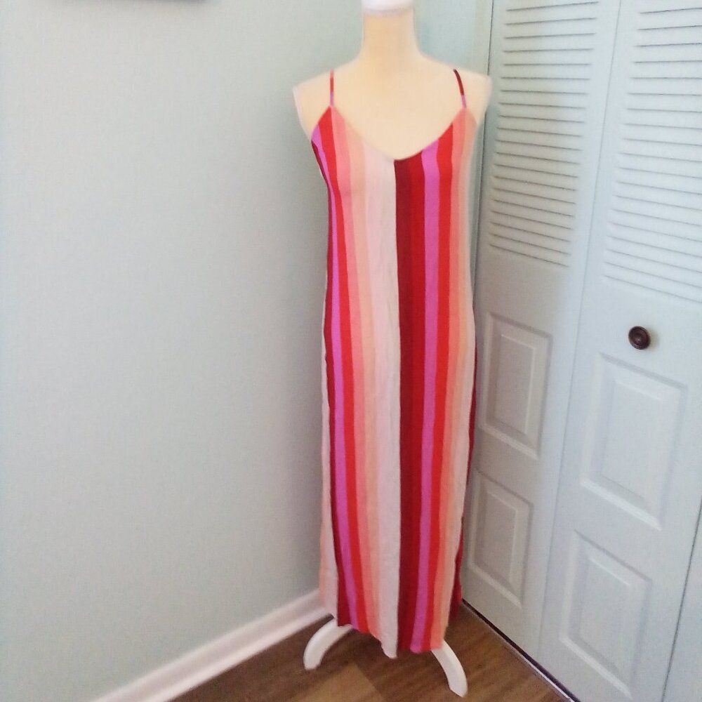 BILLABONG SMALL PINK RED STRIPE SHIFT DRESS ADJUSTABLE CROSSED STRAP MAXI FLOWY